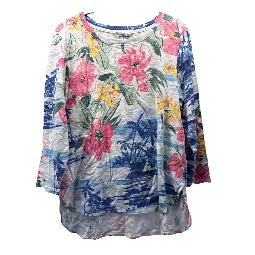 Tommy Bahama Women's Top Size L Tropical Floral 100% Cotton Pullover 3/4 Sleeve